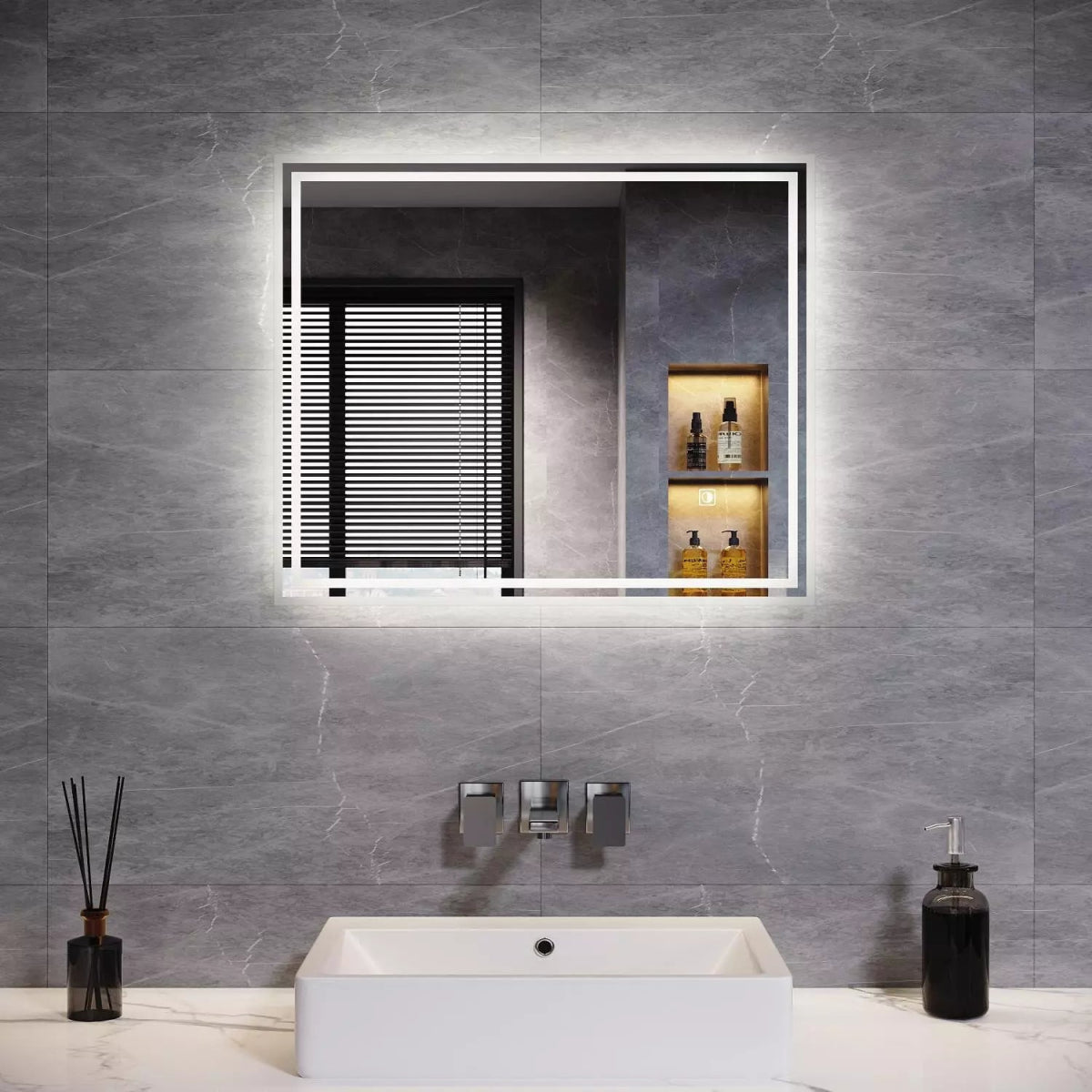 Velora Edge Glow LED Mirror – 600x500 / 900x700 / 1000x600mm, Tri - Colour Dimmable Light, Touch Sensor, Mains Powered - TILES Paradise