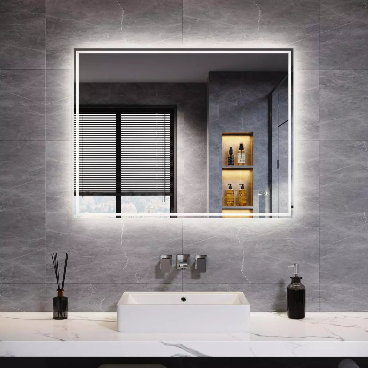 Velora Edge Glow LED Mirror – 600x500 / 900x700 / 1000x600mm, Tri - Colour Dimmable Light, Touch Sensor, Mains Powered - TILES Paradise
