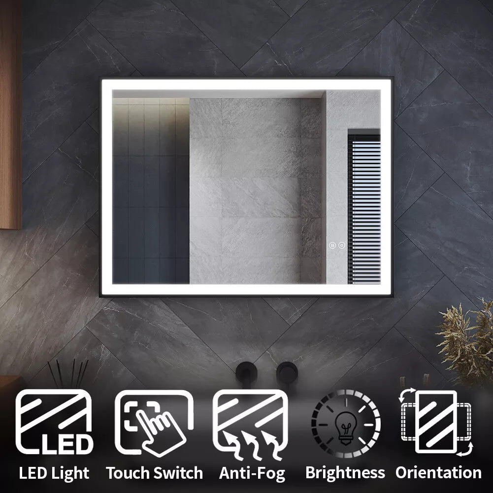 Velora FrameLine 800x600mm LED Mirror – Black Framed, Cold White Light, Dimmable, Touch Sensor, Mains Powered, No Shaver Socket - TILES Paradise