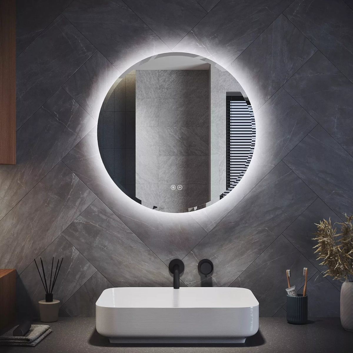 Velora GlowLite 600x600mm LED Mirror – Tri - Colour Dimmable Light, Touch Sensor, Demister, Mains Powered, No Shaver Socket - TILES Paradise