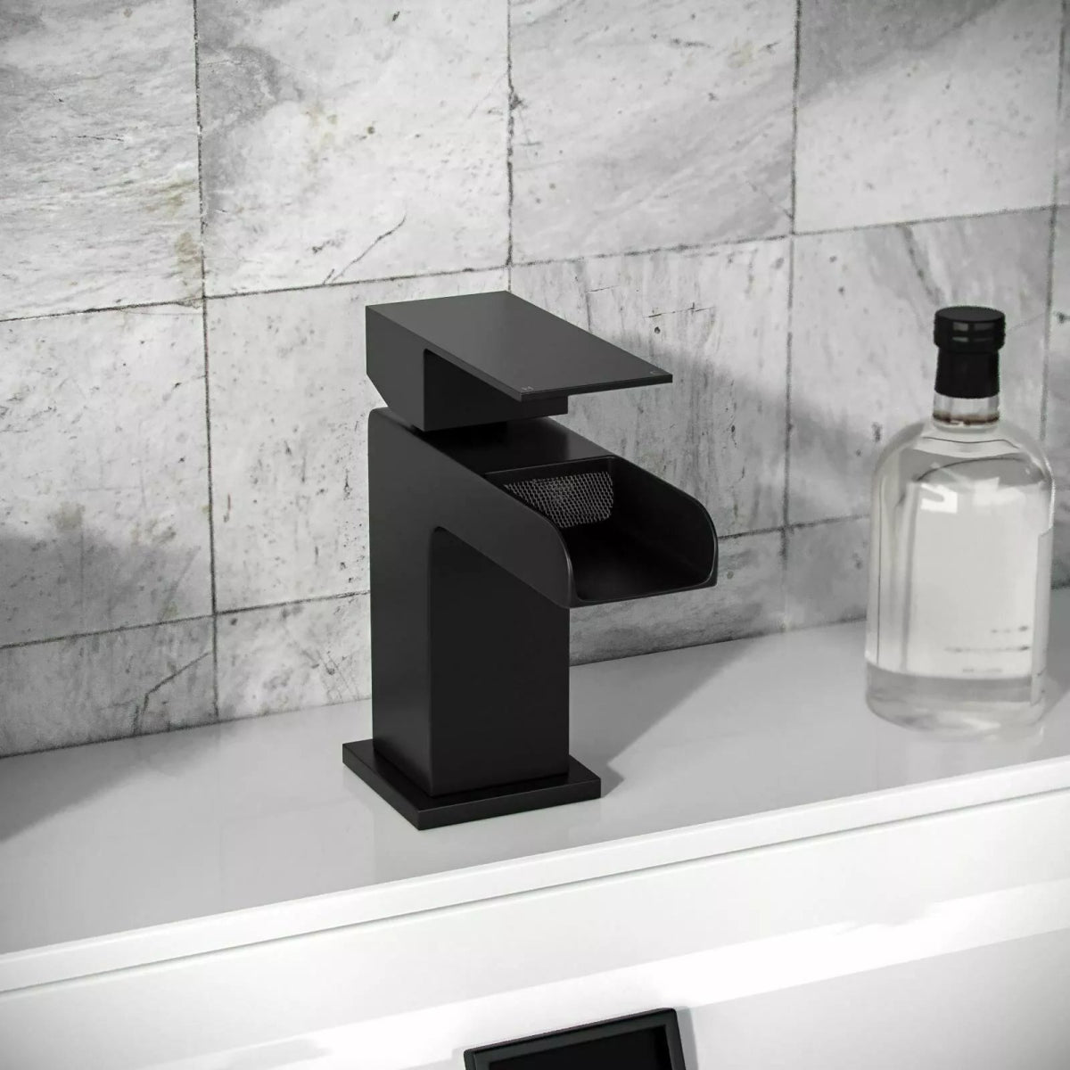 Velora Matt Black Waterfall Basin Mixer Tap with Free Waste – Single Lever - TILES Paradise