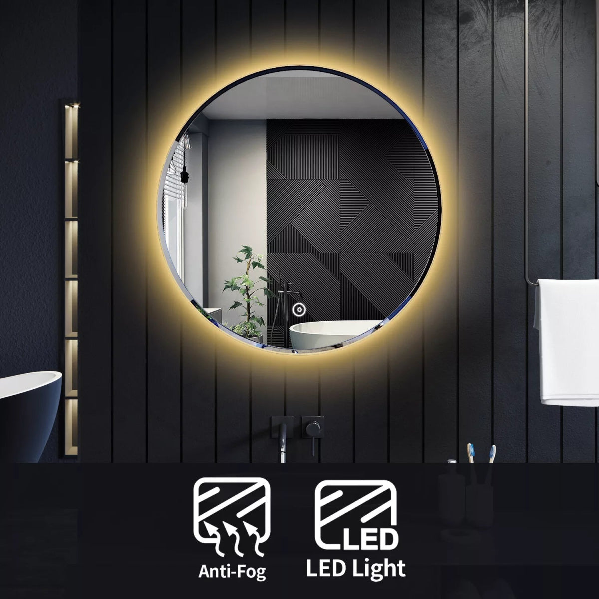 Velora Round 600mm Mains Powered LED Bathroom Mirror – Warm White Light, Demister, Touch Sensor (No Shaver Socket) - TILES Paradise