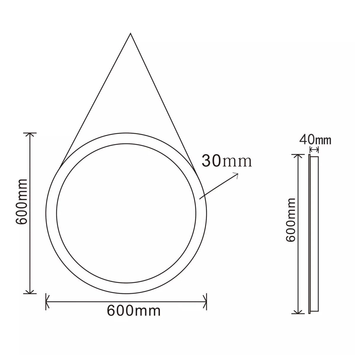 Velora Round 600mm Mains Powered LED Mirror with Leather Strap – Warm White Light, Demister, Touch Sensor - TILES Paradise