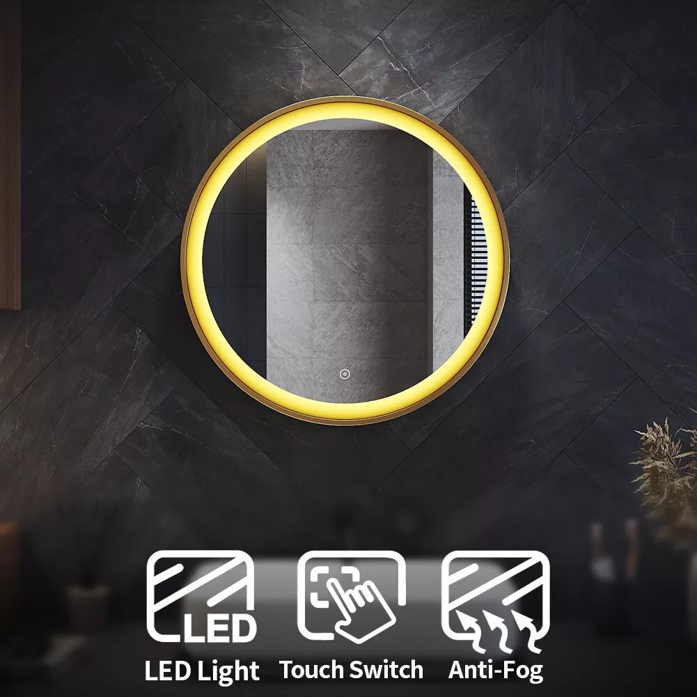 Velora Round 600mm Mains Powered LED Mirror with Leather Strap – Warm White Light, Demister, Touch Sensor - TILES Paradise