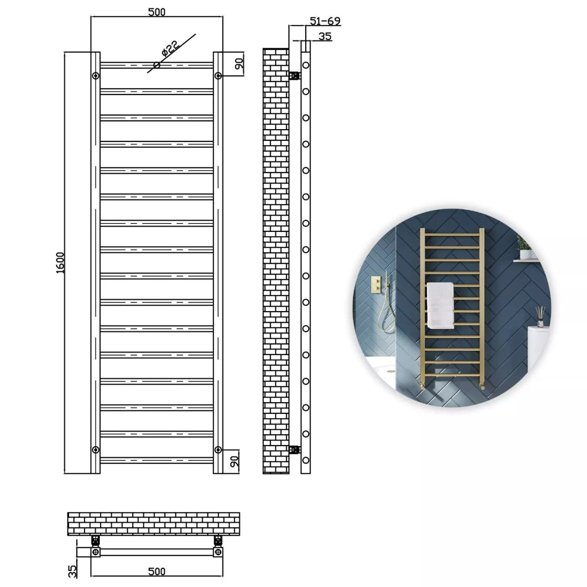 Velora Round Designer Gold Heated Towel Rail 1600x500mm – Wall - Mounted Radiator - TILES Paradise
