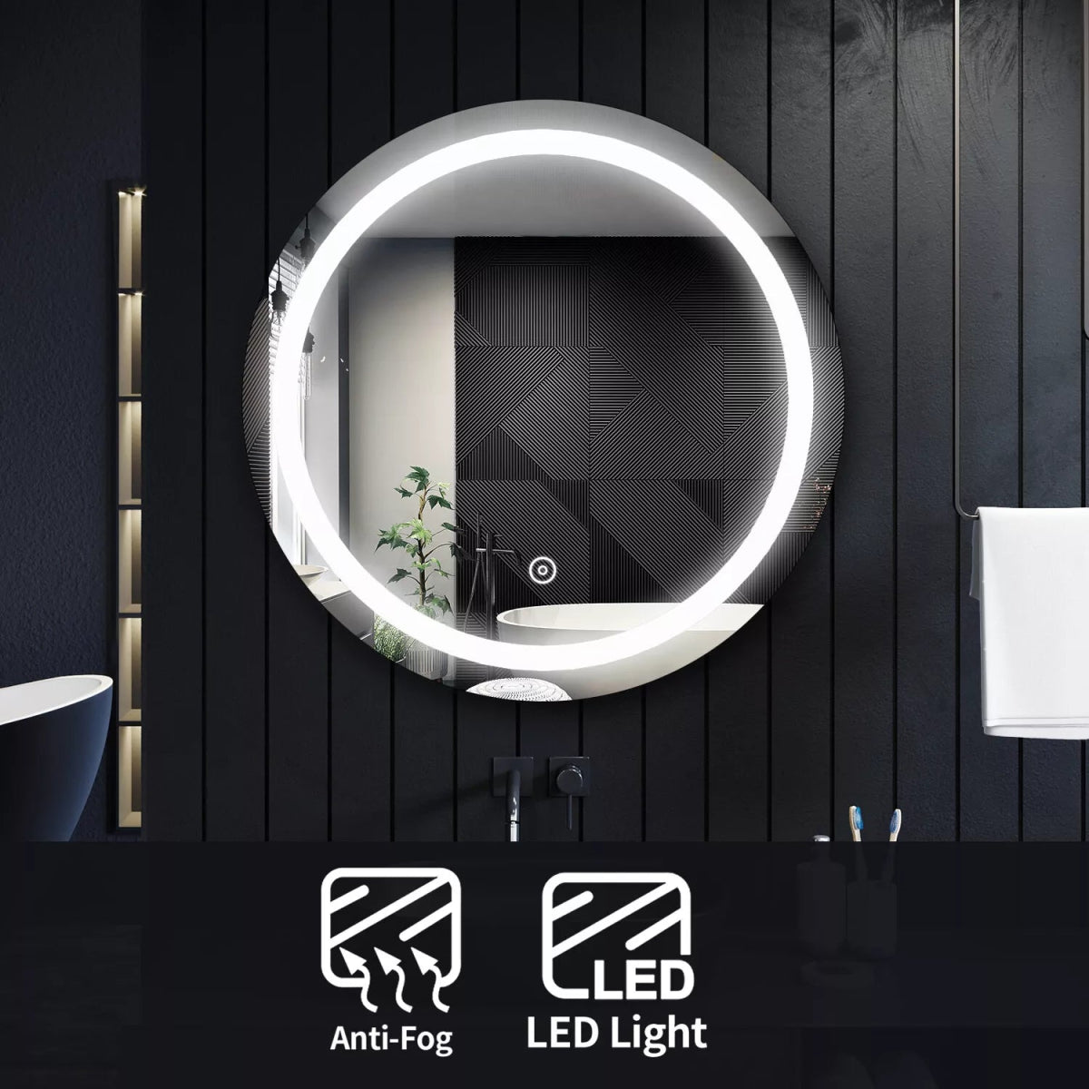 Velora Round Mains Powered LED Bathroom Mirror with Demister & Touch Sensor – 600mm / 700mm / 800mm - TILES Paradise