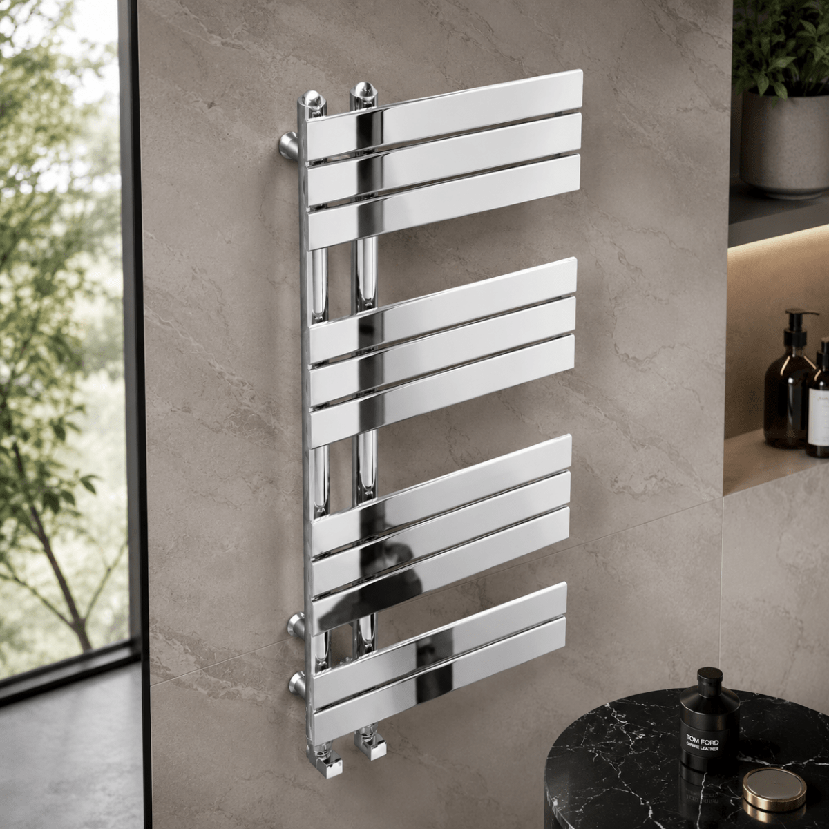 Verano 1200x500mm Chrome Heated Towel Rail – 12 Bar Ladder Radiator, Central Connection - TILES Paradise