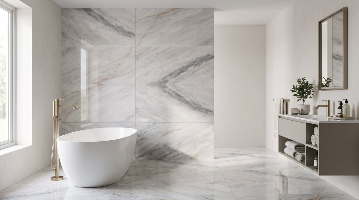 Sky Gold & White 60x120cm polished porcelain tiles on a UK bathroom feature wall and floor with a freestanding bath and brass tap.