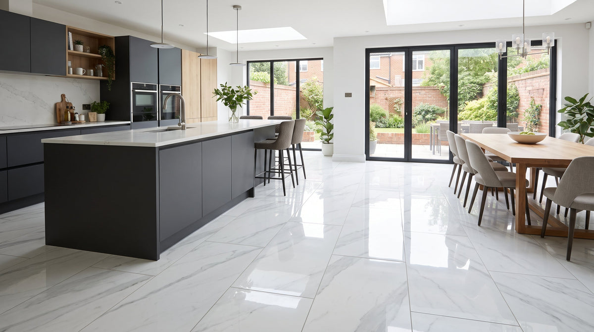 Statuario Mercury Grey 60x120cm polished marble effect porcelain floor tiles installed with 2mm silver-grey grout joints in a bright open-plan UK kitchen-diner
