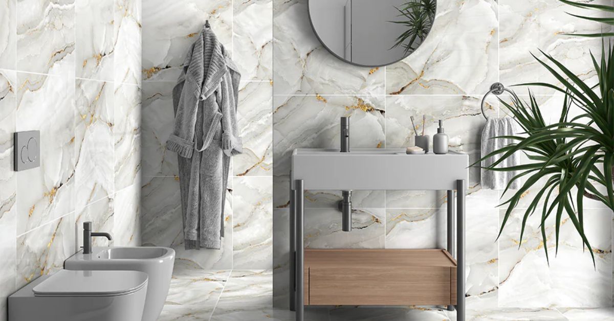 "Can you paint bathroom tiles? A modern bathroom with marble-effect tiles, elegant fixtures, and a minimalist design."