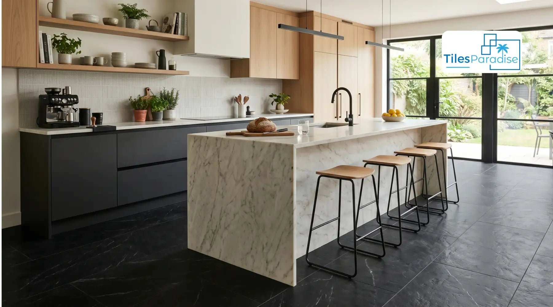 Black Kitchen Tiles: Matte vs Gloss Finish, Wall &amp; Floor Placement, Grout Colour Pairings, and Small Kitchen Design Ideas - TILES Paradise