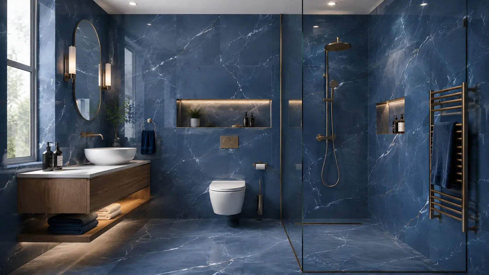 Modern UK bathroom showing light blue, navy and blue marble-effect tile zones with white sanitaryware