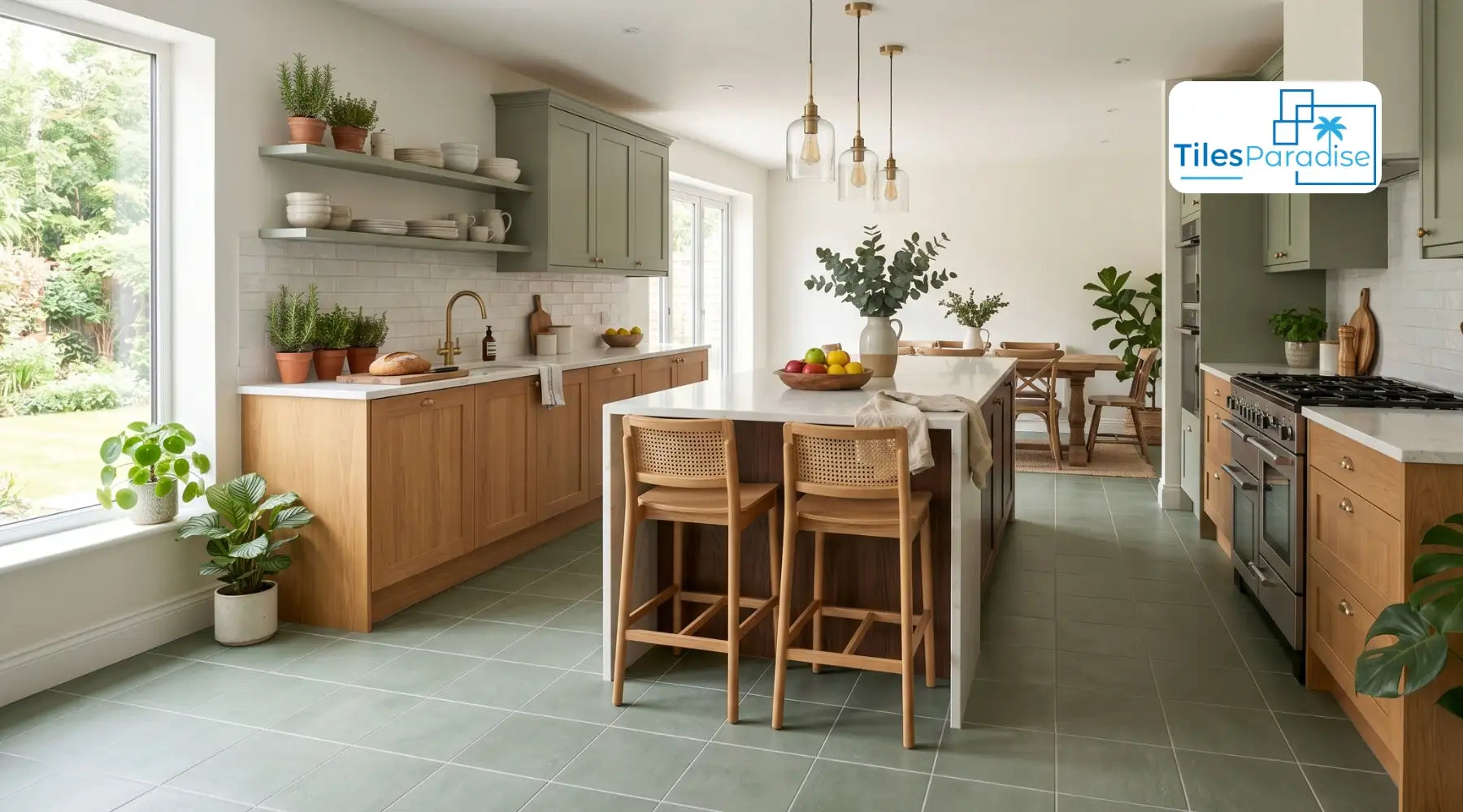 Gloss vs matte sage green kitchen tiles installed as a splashback behind a modern cooker.