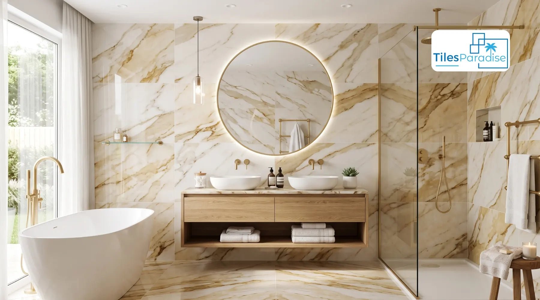 Gold Marble Effect Porcelain Tiles: Slip-Resistant, Low-Maintenance Flooring for Bathrooms &amp; Kitchens - TILES Paradise