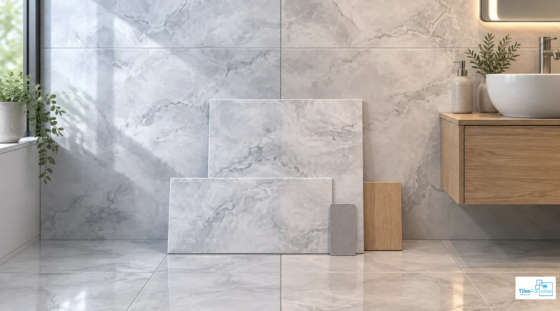 Modern UK bathroom with matt grey floor tiles and light grey marble-effect wall tiles