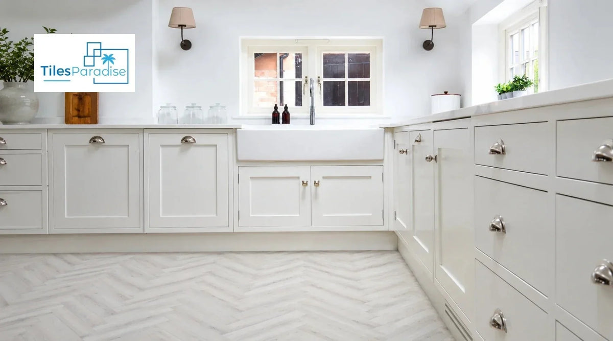 wood effect herringbone metro tiles laid in zigzag pattern on a kitchen splashback UK