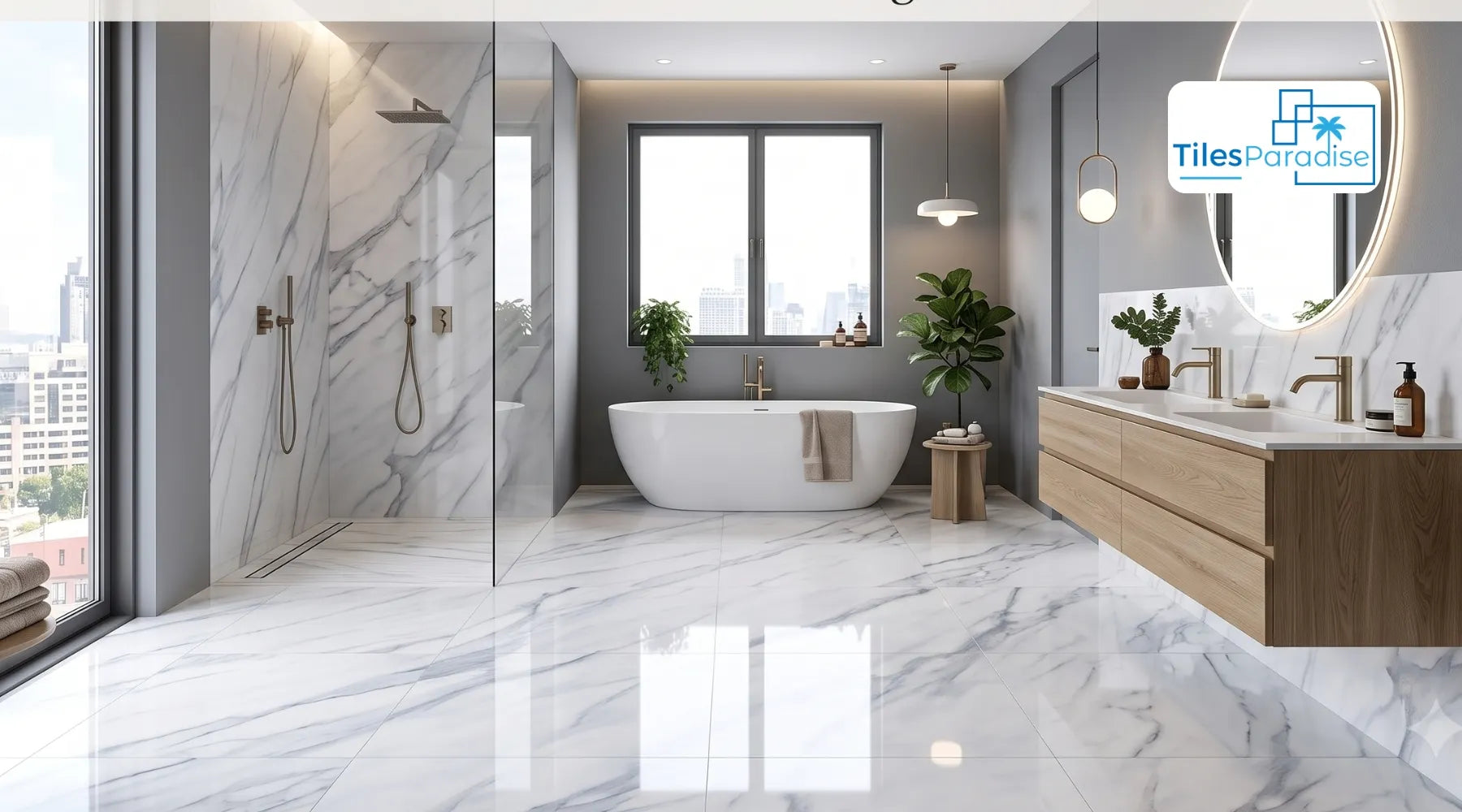 Grey honed marble effect floor tiles in a modern bathroom