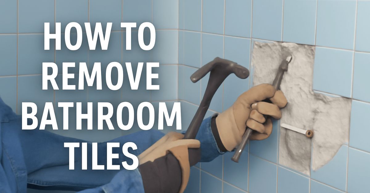 "Learn how to remove bathroom tiles with a step-by-step guide, featuring tools and a worker in action."
