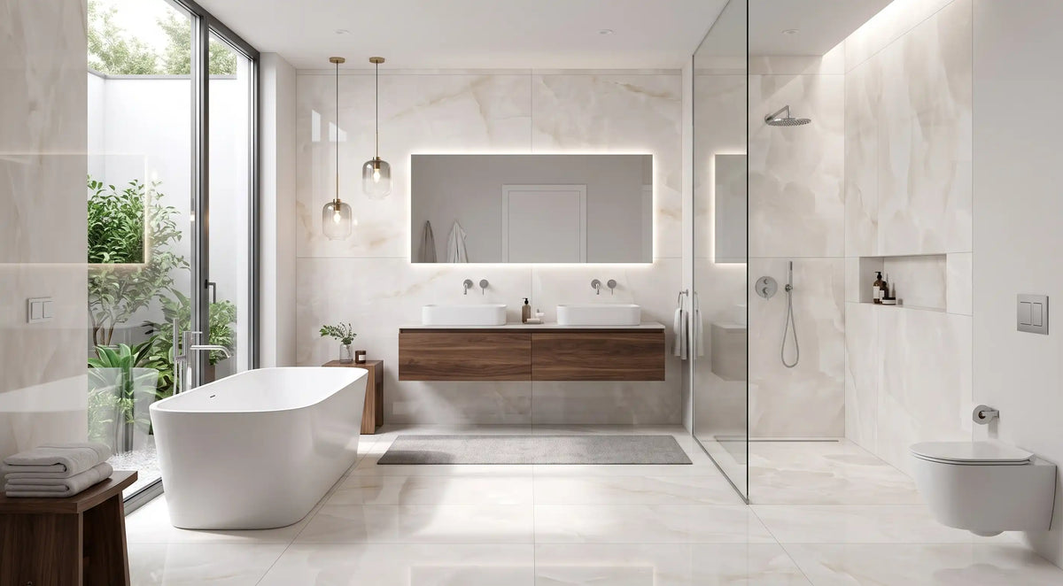 Ice Onyx Pearl White 60x120cm polished porcelain tiles laid vertically on a bathroom wall behind a wall-hung vanity