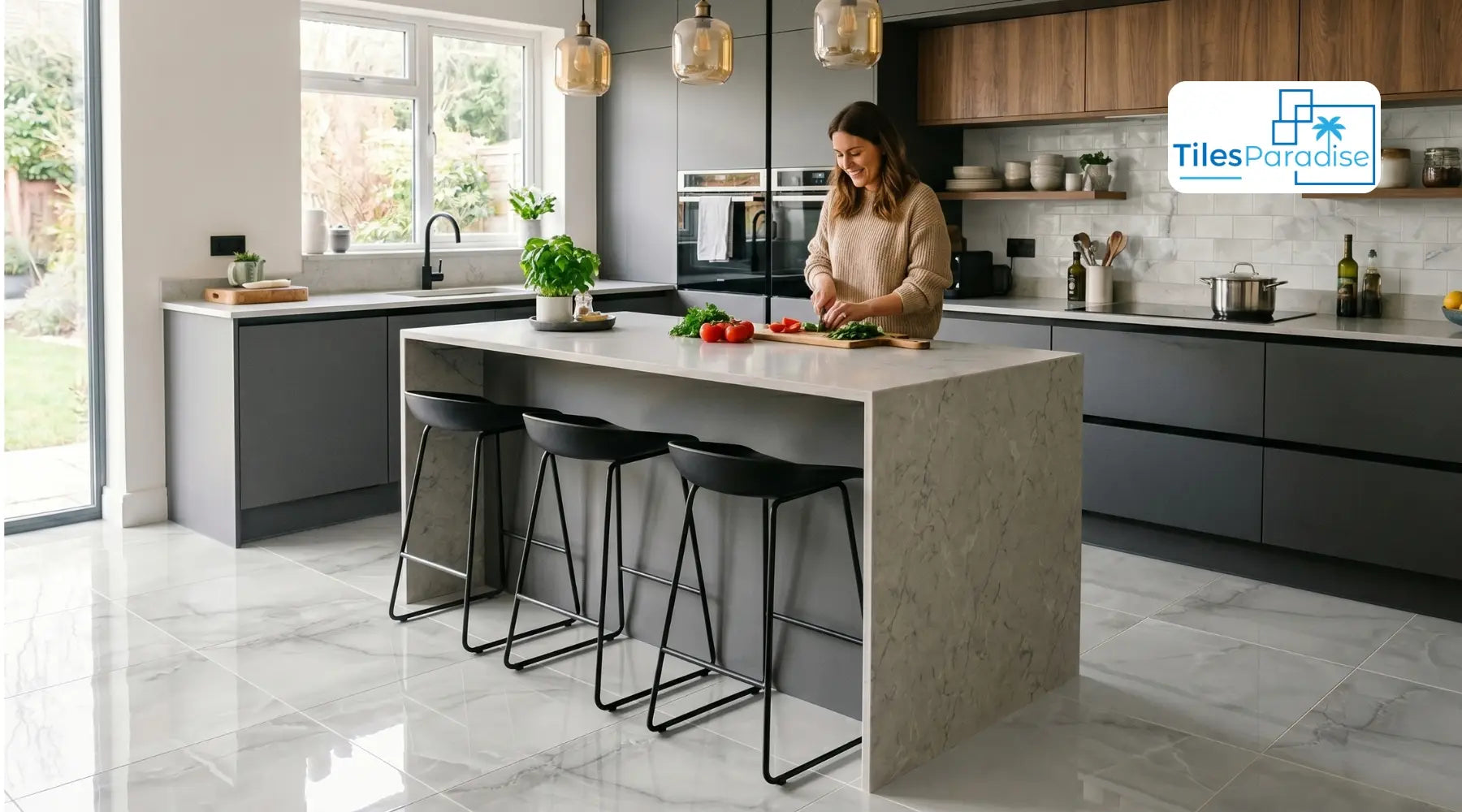 light grey matte porcelain kitchen floor tiles for white cabinets in a modern UK kitchen