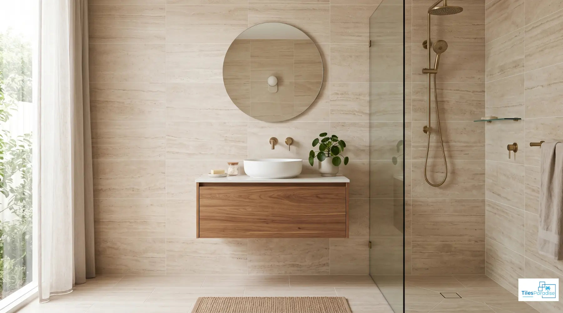 Mystical Crema travertine effect vein cut matt porcelain 60x120cm tiles on a bathroom wall and floor with a wall hung vanity