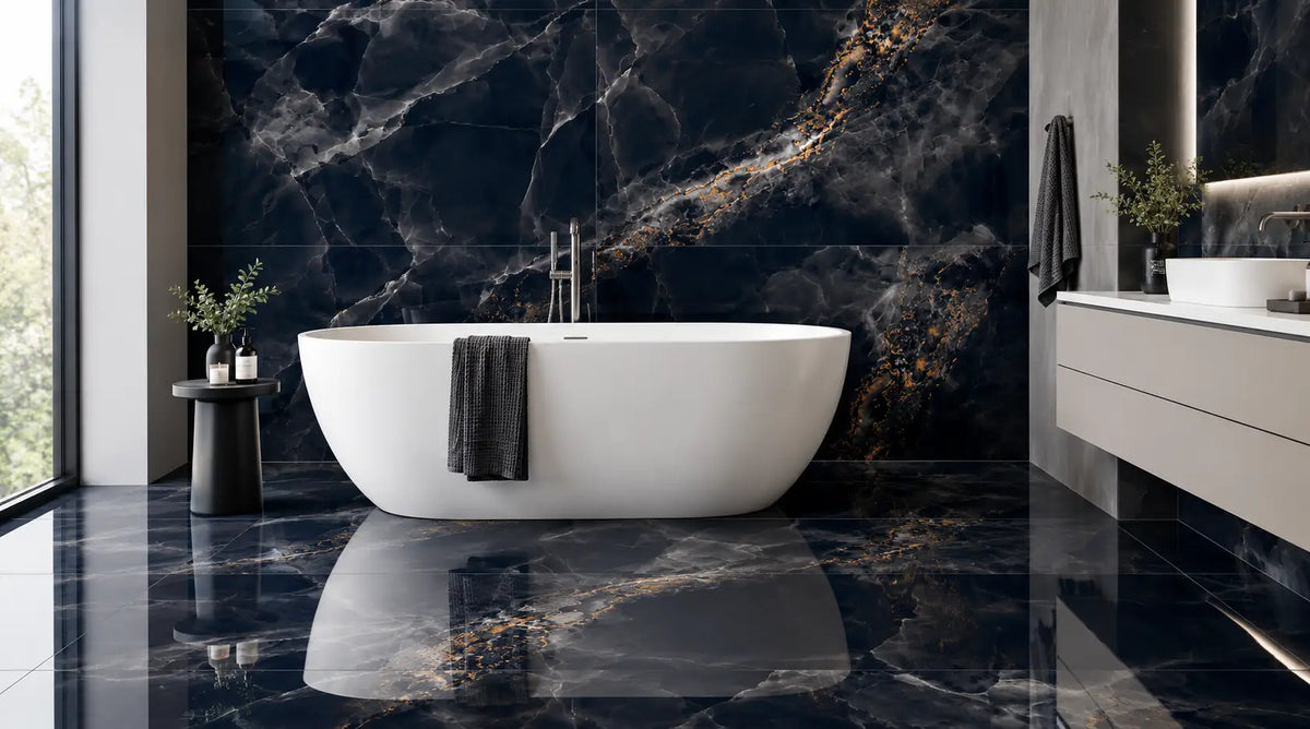 Nebula Black Onyx polished porcelain tiles on a bathroom floor and bath wall with a white freestanding bath