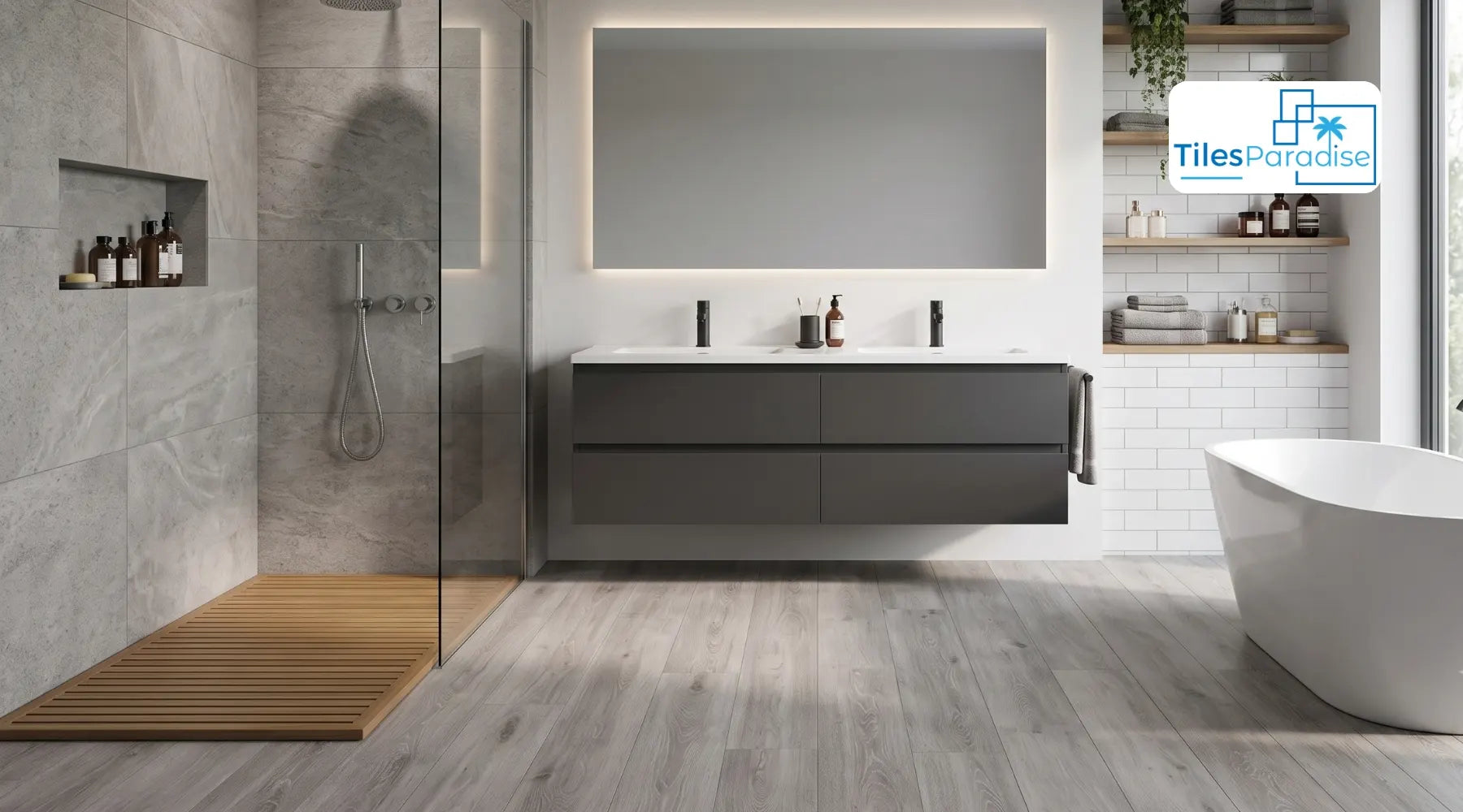 Oak wood effect floor tiles in a bathroom with matt finish