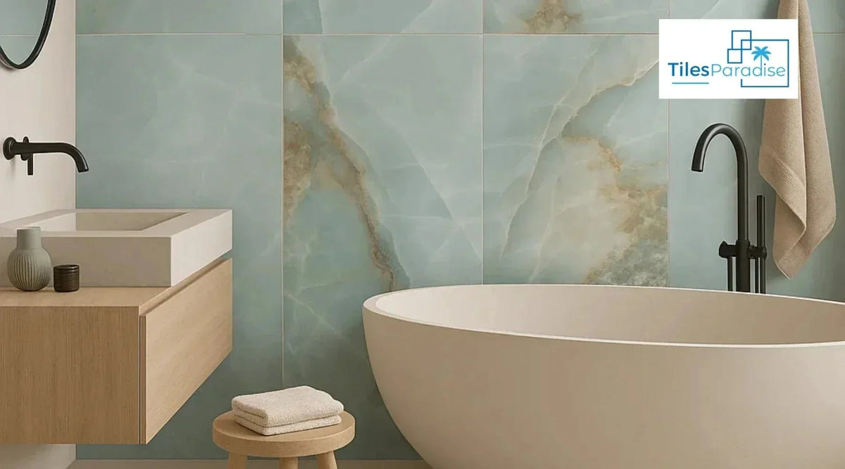 Ocean Onyx White polished 60x120cm porcelain tiles fitted on a bathroom shower wall