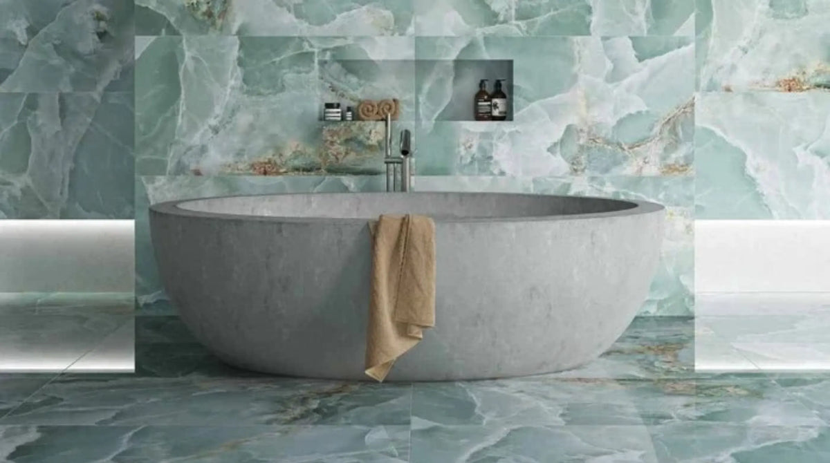 Close-up of onyx green marble effect polished porcelain tile showing deep green base, banded veining and reflective gloss surface