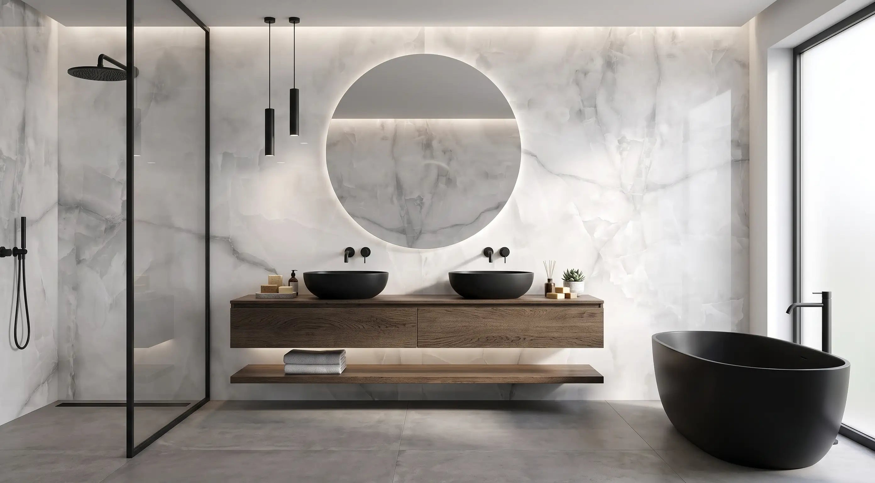 Cool grey polished 60x120cm porcelain tiles on a modern bathroom wall and floor with minimal grout lines