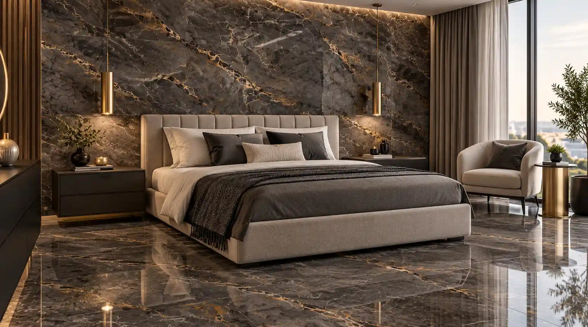 Close-up of Ozial dark grey gold marble effect polished porcelain tile showing charcoal base and gold veining