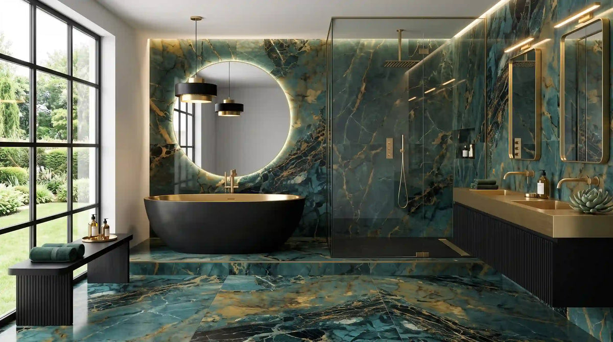 Patagonia Green gloss porcelain 60x60cm tiles on a bathroom vanity and shower wall with oak vanity and brushed brass tap