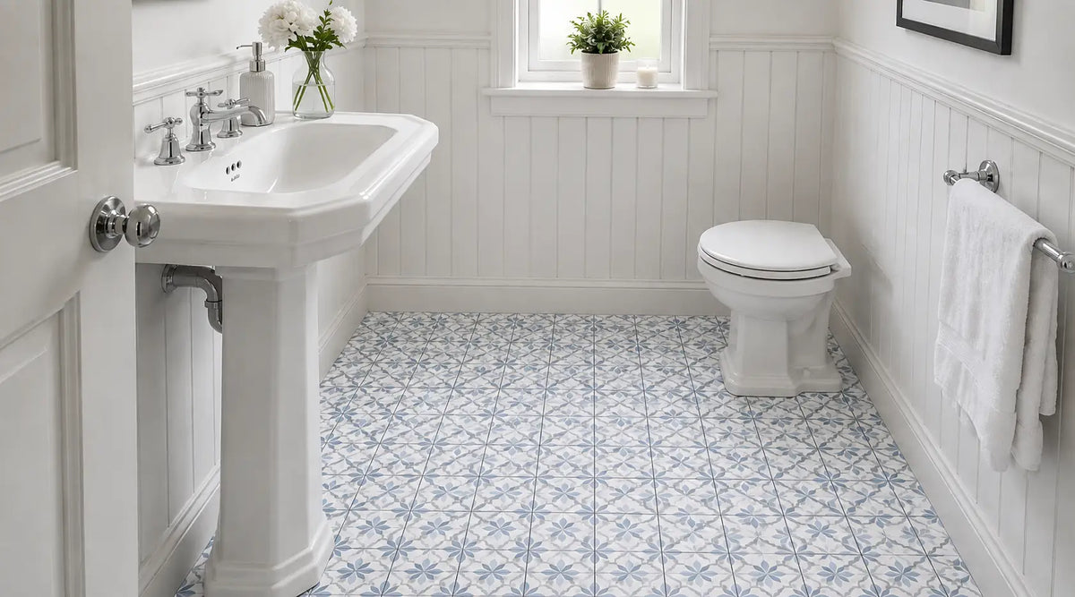 Small bathroom floor laid with blue and white Victorian pattern porcelain tiles, white walls, white basin and chrome taps