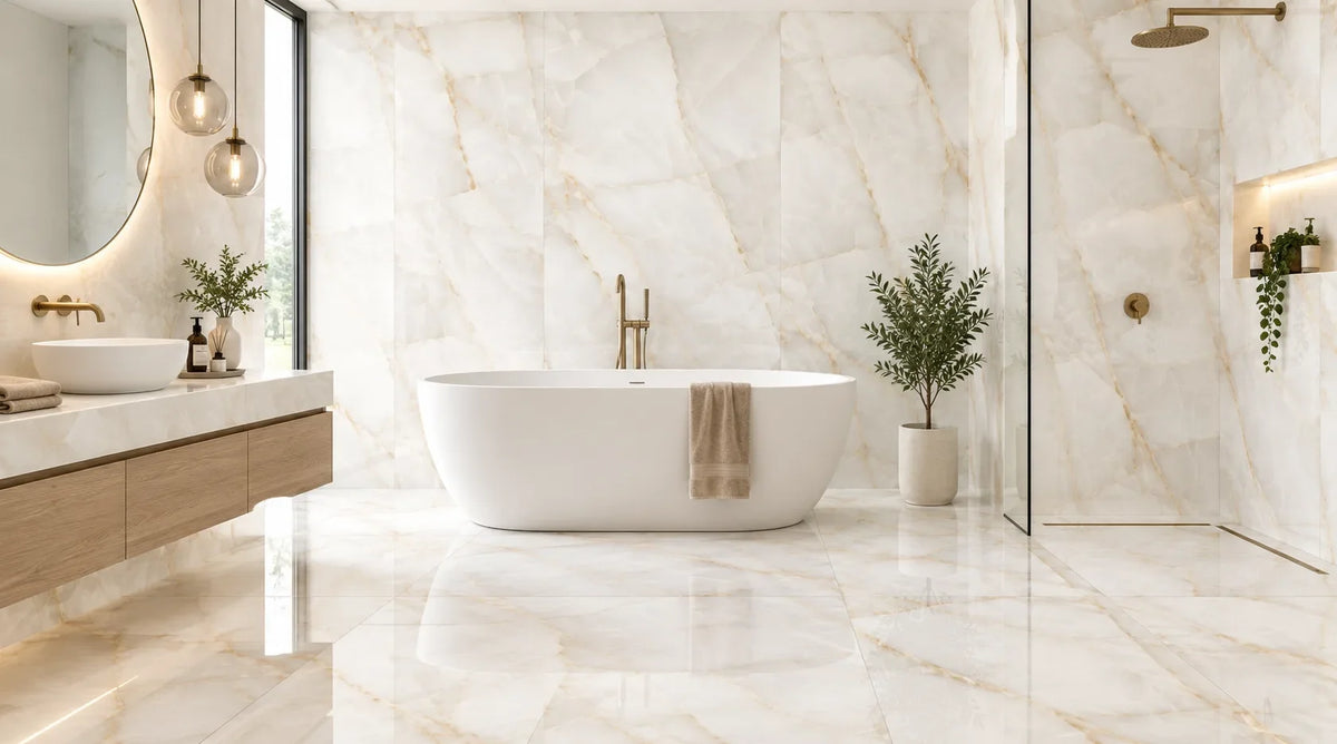 Persian Onyx tiles layed in a modern bathroom in a light and fresh weather