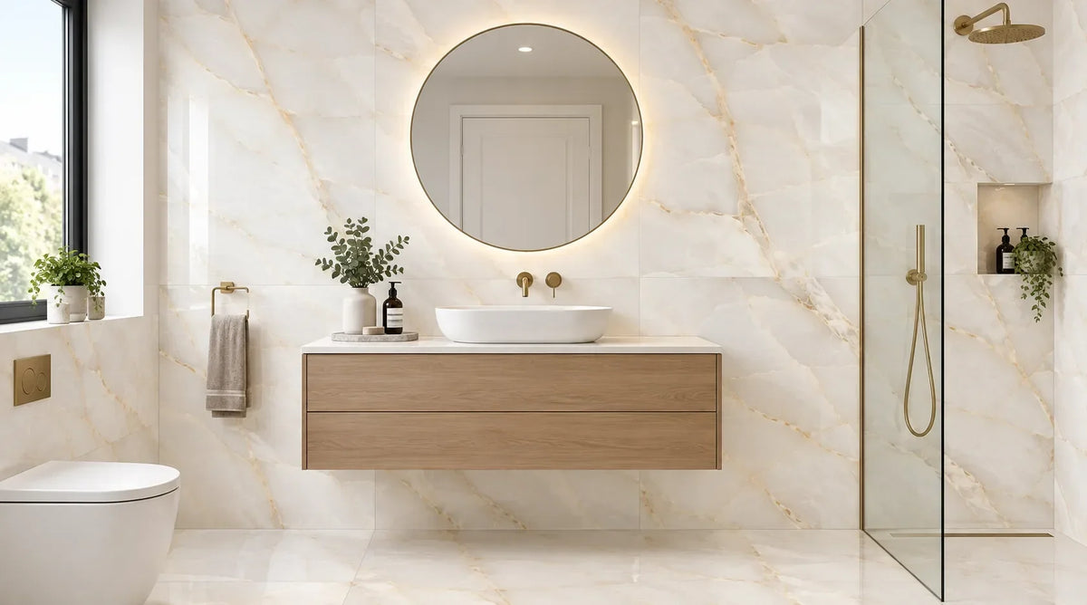 Large 60x120cm Onyx White polished porcelain wall tiles installed floor to ceiling behind a floating vanity in a modern UK bathroom