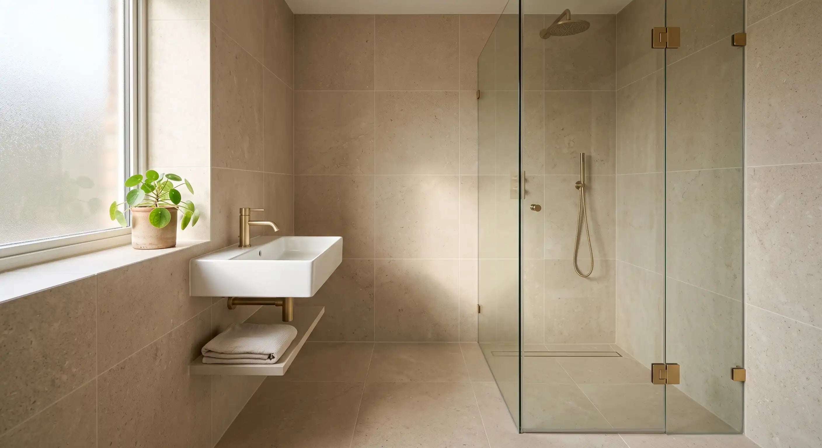 Portland Sand stone effect matt porcelain 60x60cm tile laid floor to ceiling in a UK bathroom with 2mm matched grout joints