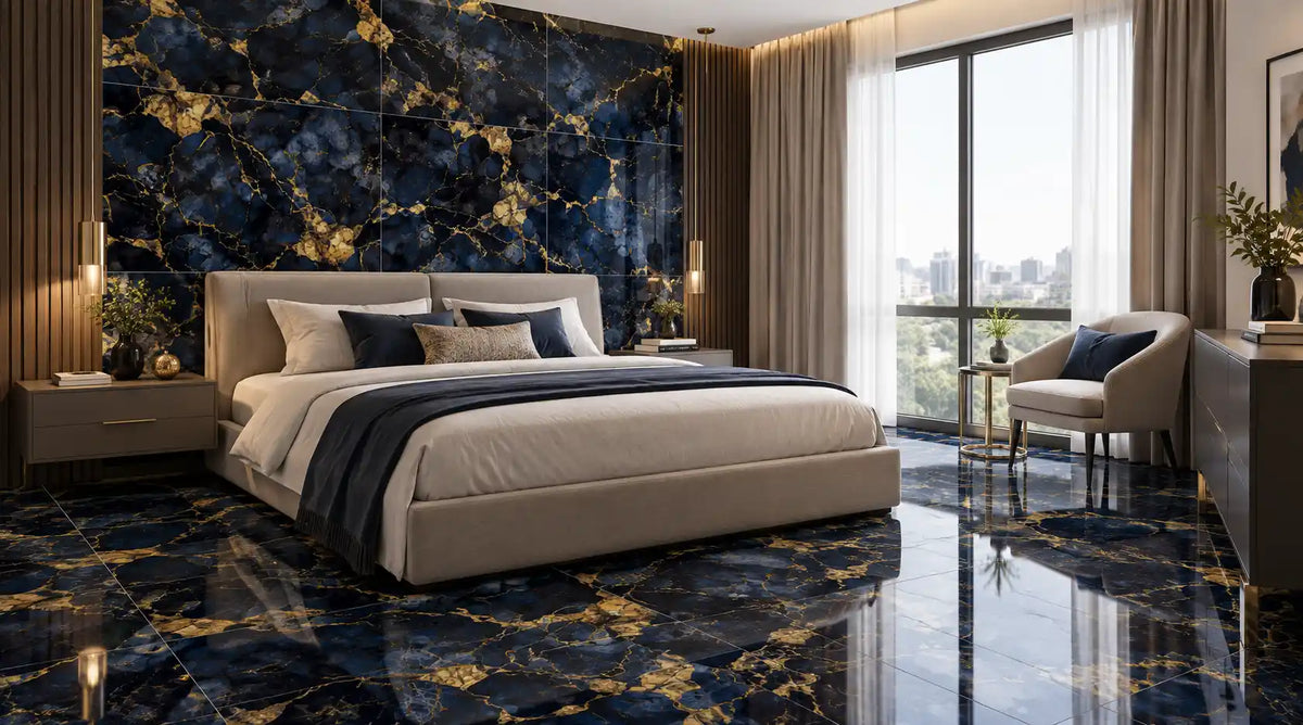 Close-up of a bedroom with Thunder Blue Gold polished porcelain tile showing gold veins across a deep blue marble effect surface