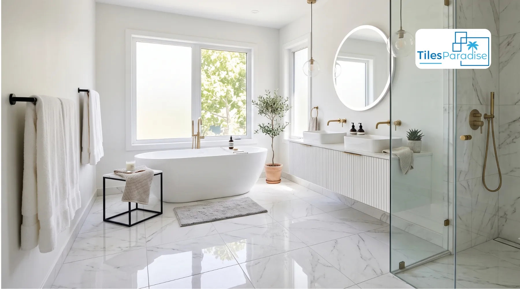 White marble effect porcelain vs real marble tiles for UK bathrooms interior comparison