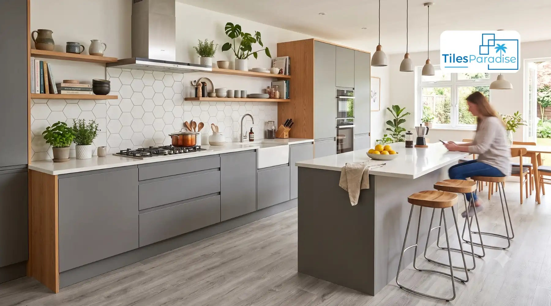Wood effect porcelain tiles installed on a modern kitchen floor