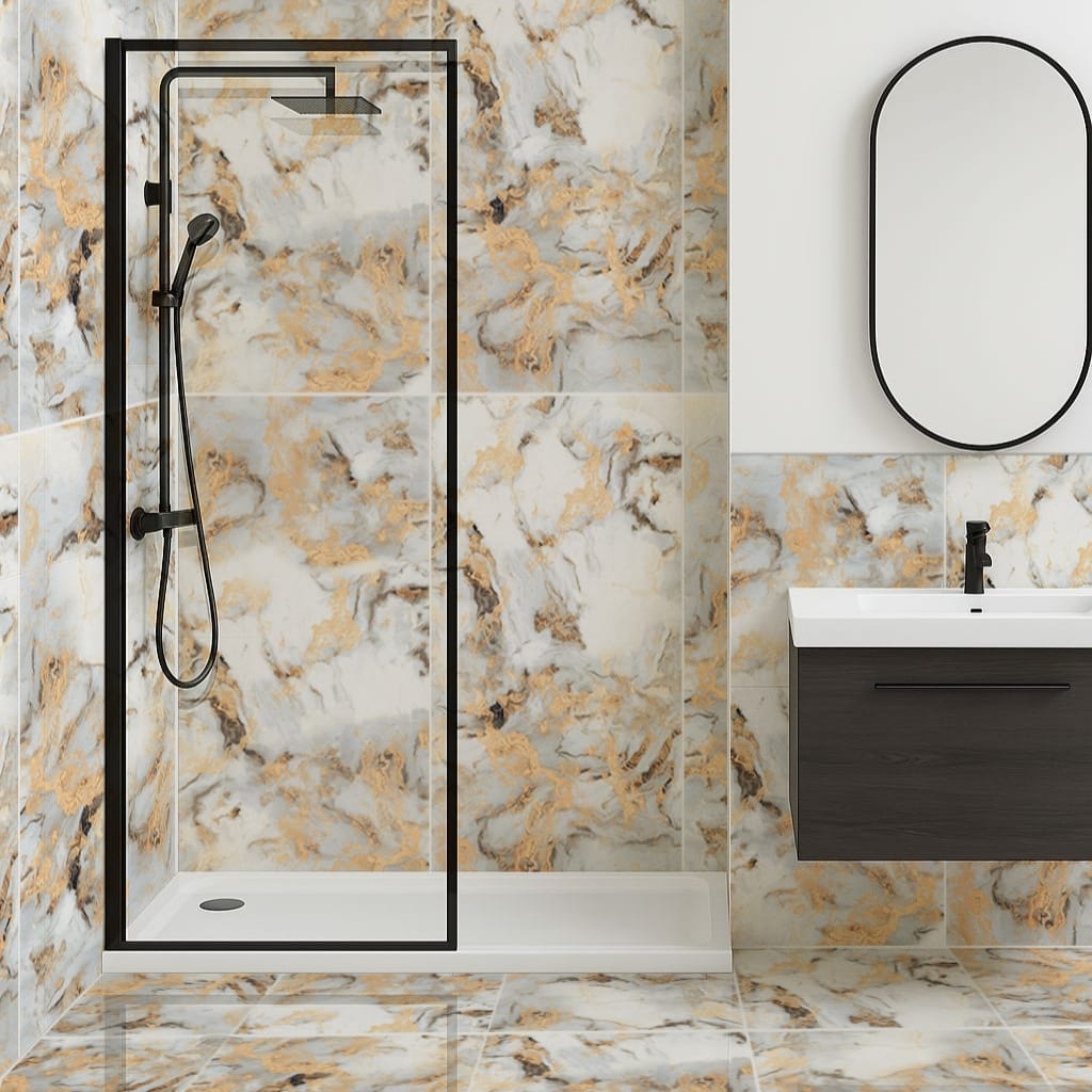 Bathroom gold tiles – luxury porcelain and marble-effect wall and floor tiles with polished finishes.