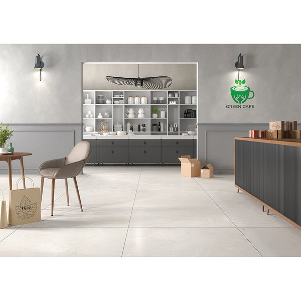 Modern cafe interior with elegant Bathroom Beige Tiles flooring and grey wall cabinets for a clean, warm look.