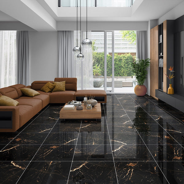 Modern living room with elegant Bathroom Black Tiles, showcasing sleek, shiny black marble with gold veining.
