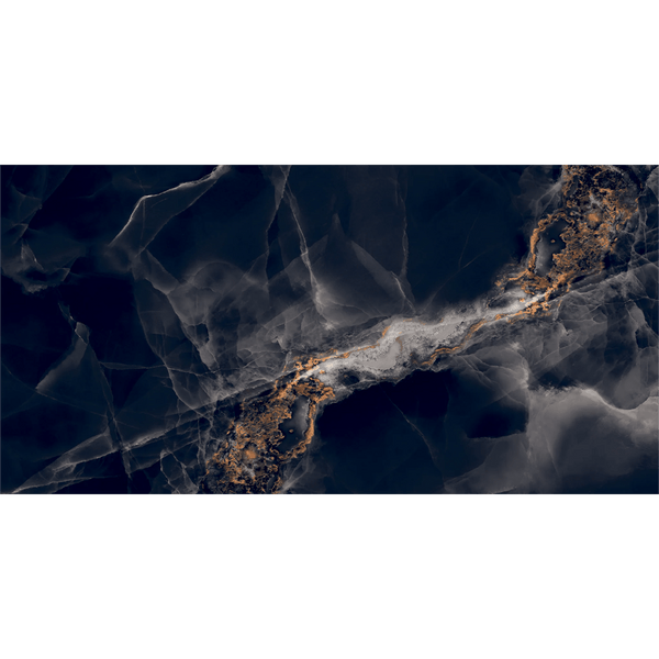 black kitchen tiles with gold and white marble veins for splashbacks and floors