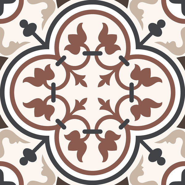 Bathroom brown tiles with vintage floral pattern, cream background, black outline, square sample close-up.