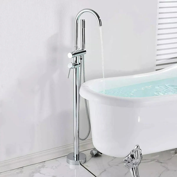 Chrome round freestanding bath mixer tap with hand shower