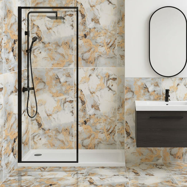 Modern bathroom interior featuring luxurious bathroom gold tiles with marble effect walls and floor design.