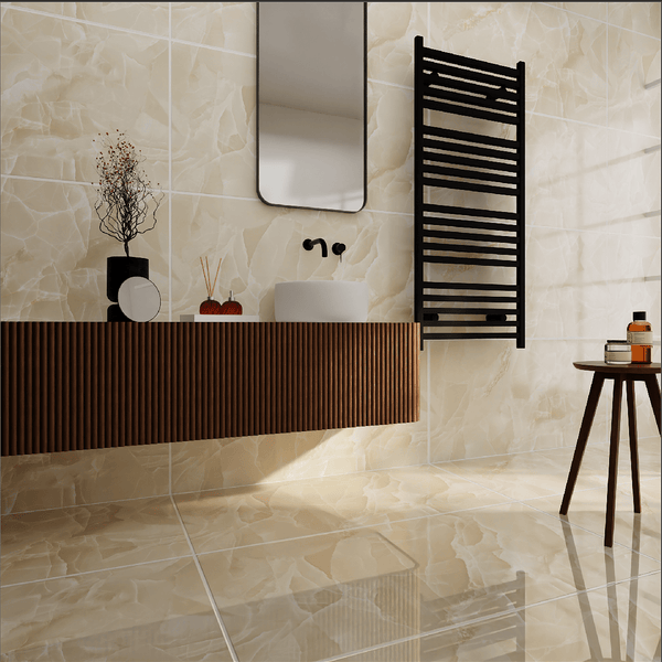 Elegant bathroom featuring polished Bathroom Porcelain Tiles, a modern vanity, mirror, and stylish accessories.