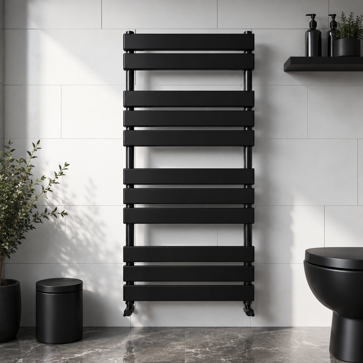Azzano 1200x500mm Matt Black Heated Towel Rail – 12 Bar Designer Ladder Radiator