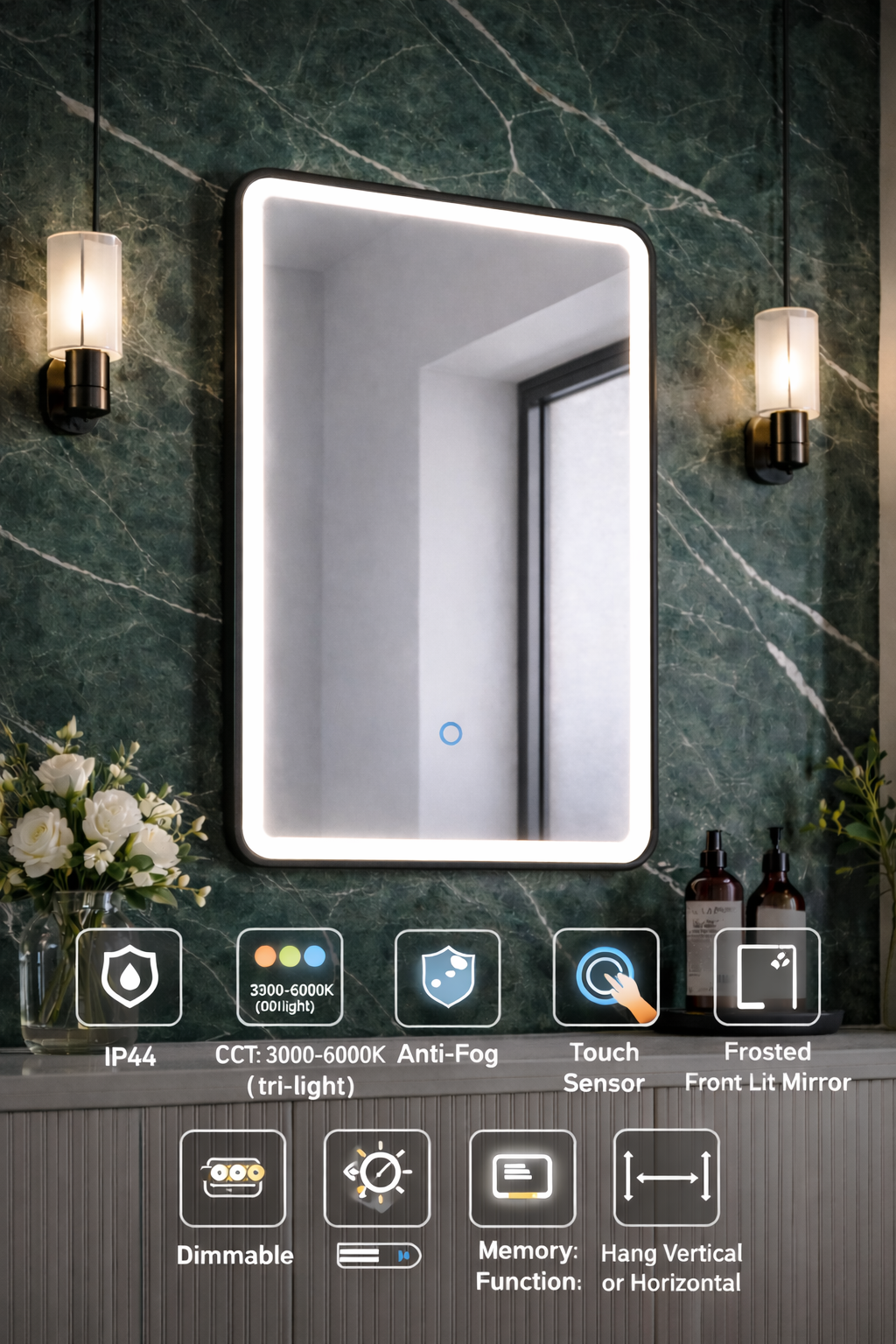 Lumora 700x500mm LED Bathroom Mirror Matt Black Tri-Light Touch Demister IP44