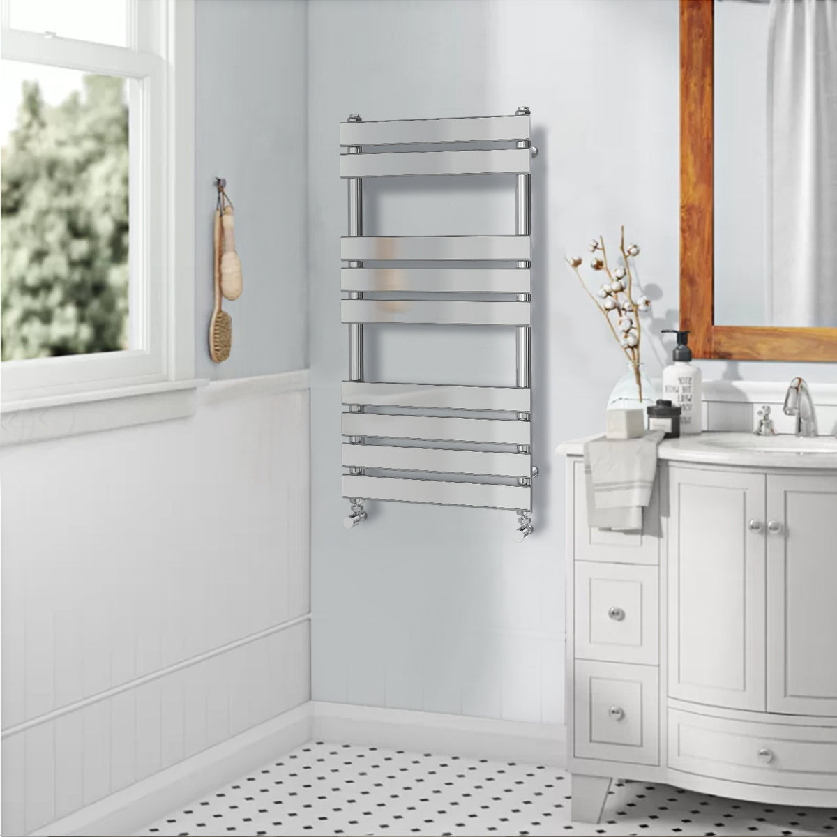 Valeno 950x500mm Chrome Heated Towel Rail – Flat Panel, Vertical Mount, Polished Finish